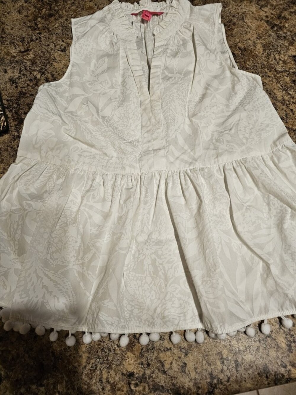 Lilly Pulitzer White Patterned Blouse Shirt Pom Pom Women's Small Sleeveless